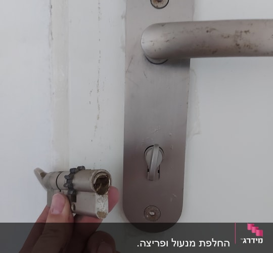 יד מחזיקה צילינדר ליד דלת עם ידית מתכת